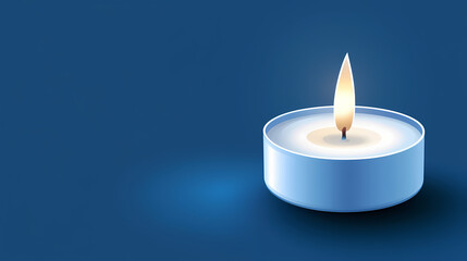 Navy blue background with white thin wax candle with a small lit flame for funeral grief death dead sad emotion with copy space texture for display. Burning Candle Wax. Illustration