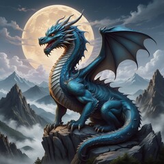 Majestic Blue Dragon Perched on Mountain Peak under a Full Moon: A Fantasy Landscape Masterpiece