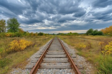 Obraz premium Rustic railroad tracks stretching into the distance under a dramatic overcast sky, surrounded by autumnal fields with patches of green and yellow foliage, creating a serene and atmospheric scene