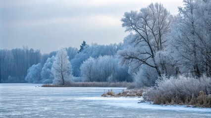 Frosty landscape with blue ice and frost-covered trees in the background, snow-covered trees, cold weather effects, beautiful scenery
