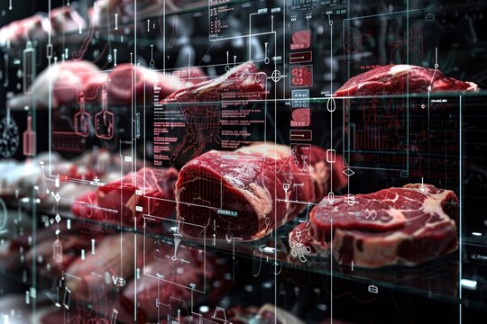 Raw meat steaks displayed in a refrigerated case, with digital overlay graphics. - Powered by Adobe