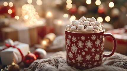 Holiday scene featuring hot chocolate in a festive mug marshmallows overflowing surrounded by holiday props