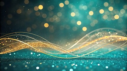 Gold and teal abstract light strokes with bokeh on a textured background, vibrant colors, radiant glow, glowing lights, textured surface, bokeh effect