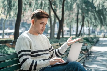 Fototapeta premium Young Man Working Remotely Laptop Serene Park Setting