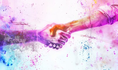 Business professionals engage in a friendly handshake, set against a backdrop of construction and solar panels in the Bavarian Alps. The vibrant watercolor style enhances the energetic atmosphere