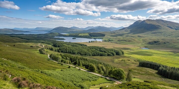 High angle shot of landscape in Poolewe Achnasheen Highlands Scotland, waterfalls, highlands, rugged terrain, mountain peaks