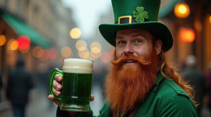 A man with a long, red beard wearing a green hat and holding a glass of green beer, celebrating St. Patrick's Day, Irish, holiday