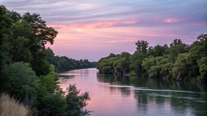 Obraz premium Lush greenery and tranquil water of the Sacramento River at dusk, tranquil, dusk, soft light, golden hour, atmospheric