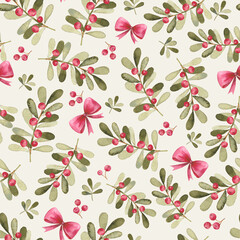 Watercolor Christmas seamless pattern with hand drawn watercolor holly branches, leaves and berries illustration. Repeat nature floral background for wrapping, packaging design or print.