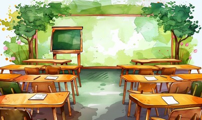 A vibrant classroom filled with natural light showcases a teacher writing on a chalkboard, inspiring young minds. Desks are arranged for student interaction and creativity flourishes