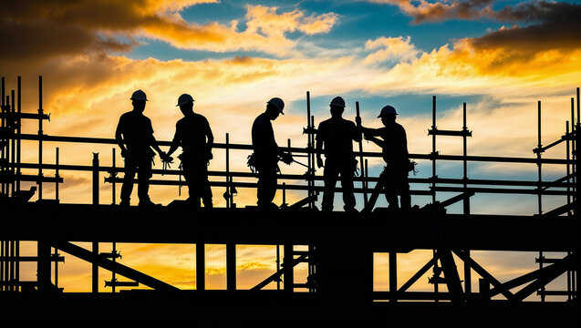 Silhouetted construction workers working atop scaffold at sunset.
