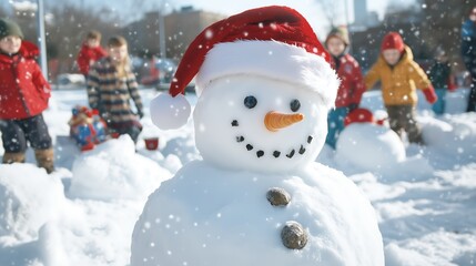 Fototapeta premium A close-up of a snowman wearing a Santa hat, surrounded by children playing in the snow and building more snow sculptures. 
