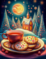 Christmas Cookies and Tea with a Festive Winter Scene