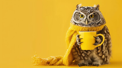 cute owl wearing scarf on yellow background