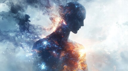 A godlike image composed of glowing particles appeared floating in a state of grace. The picture has complicated details.