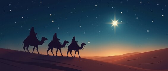 Biblical story, three Wise Men, or the Magi, following the Star of Bethlehem to find the newborn Jesus Christ, silhouetted against evening sky, with a bright star guiding their journey