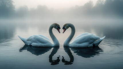 two white swans swimming on a quiet lake on a foggy morning.  