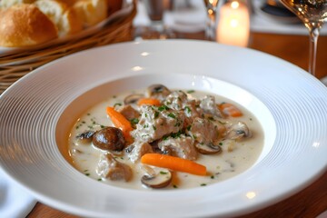 Close-up of Blanquette de Veau, Veal Blanquette, with veal chunks, carrots, mushrooms in rich white sauce on a rustic table in a French restaurant with warm lighting