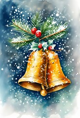 Elegante Weihnachtskarte mit goldenen Glocken, Tannenzweigen, Stechpalmenblättern und roten Beeren.  Textfreiraum für festliche Grüße zu Weihnachten und Neujahr. Generative KI.