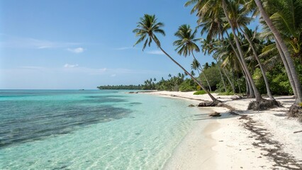 Tranquil palm-lined beach with crystal-clear turquoise waters, ocean, sea