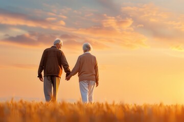 An elderly couple holding hands and walking through a wheat field at sunset, bathed in warm golden light under a vibrant sky.