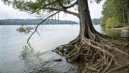 Tree's roots extending into the lake like underwater tentacles, peaceful scene, enchanting atmosphere