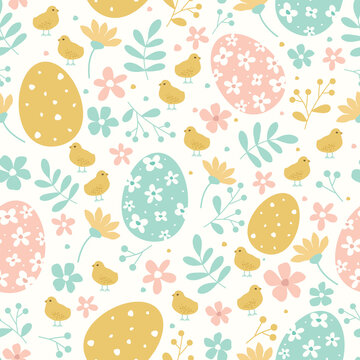 Simple pattern easter elements. Easter theme featuring repeating elements like Easter eggs bunnies flowers.