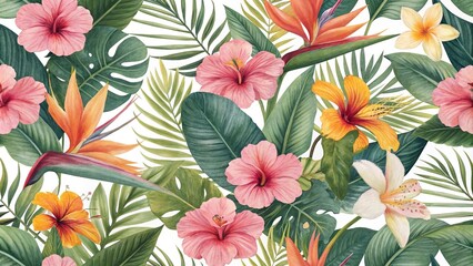 Tropical flower and leaf wallpaper with exotic flowers like birds of paradise and hibiscus, surrounded by lush foliage in shades of pink, 