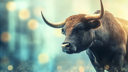 Naklejka premium A realistic portrait of a bull against a blurred background with soft golden and blue highlights, creating an atmosphere of tranquility and strength