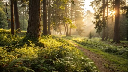 Obraz premium Warm sunlight casting a golden glow on the forest floor amidst lush greenery, natural ambiance, verdant vegetation, golden tones, forest illumination