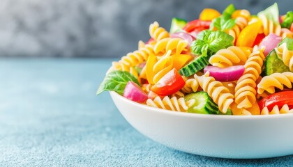 Vibrant pasta salad with vegetables served in a white bowl on a blue background.