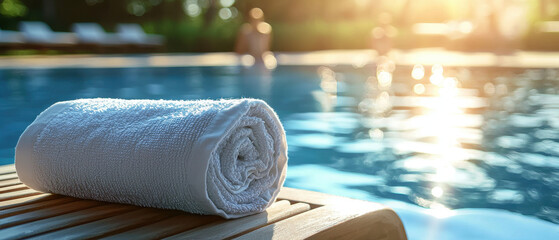 rolled white towel rests on wooden lounge chair by sparkling pool, reflecting warm sunlight. serene atmosphere invites relaxation and leisure