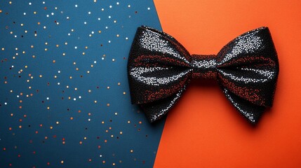Decorative bow tie on colorful background with sparkling confetti