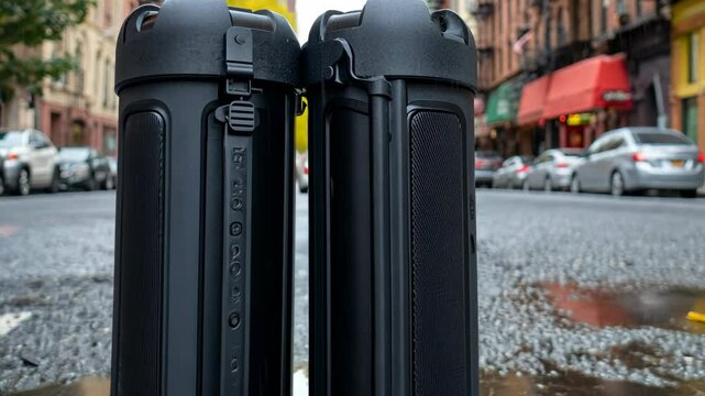 Two rugged portable speakers stand on a city street after a rain shower