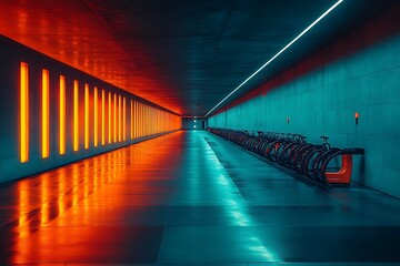 Vibrant orange and teal illuminated tunnel with parked bikes.