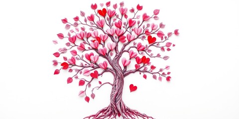 Fototapeta premium A beautiful and intricate pink and red heart-shaped tree of life with detailed branches and leaves on a clean white canvas, botanical art, minimalist tree of life, heart shaped tree