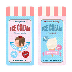 Ice cream social media banners set. Sweet cold dessert. Retro brand tags with text. Branding for cafe or shop. Flat Vector illustration collection.