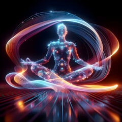 Abstract glowing yoga sequence concept as A series of yoga poses captured with flowing glossy light streams and holographic shapes to convey peace and flow. in  Photo Stock  Concept 