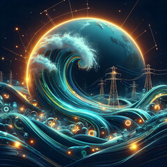 Abstract tidal energy glow concept as A digital art piece representing tidal energy with glossy waves and neon glowing accents symbolizing renewable ocean energy. in  Photo Stock  Concept 