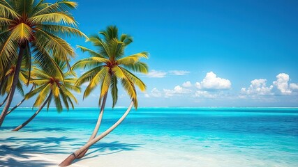 Fototapeta premium A breathtaking ocean scene with towering palm trees swaying gently in the breeze under a bright blue sky and calm turquoise waters, coastal view, peaceful atmosphere, soothing colors