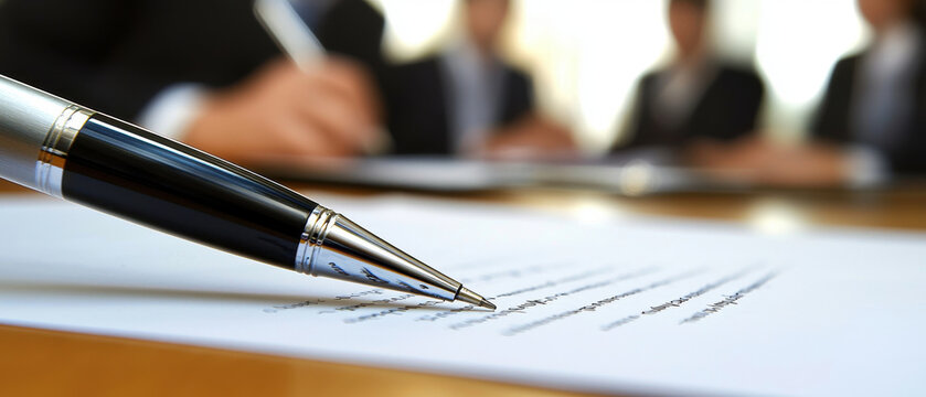 Close up detailed photo of pen underlining key point on document, with blurred figures in business attire in background, conveying professional atmosphere