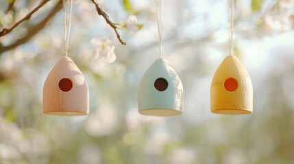 Colorful birdhouses hanging in blooming trees nature spring vibes close-up view