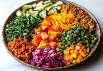 Colorful Medley of Fresh Vegetables and Garnishes Arranged Neatly on a Round Plate for a Healthy and Vibrant Culinary Display