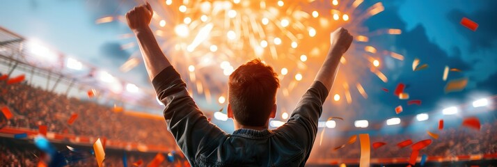 Back view of a jubilant sports fan raising arms in celebration at a stadium, with fireworks and confetti filling the vibrant night sky.