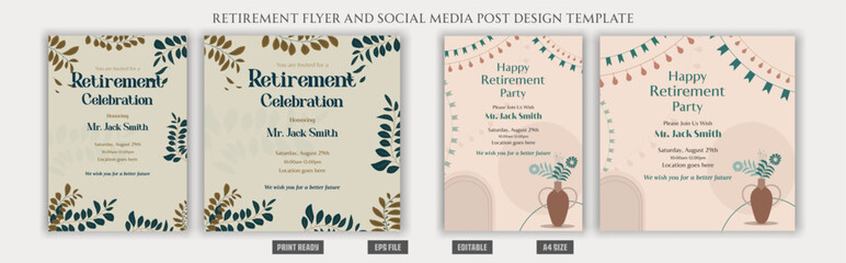 Happy Retirement party flyer poster traditional boho bohemian style celebration festive element vector resources eps pension savings vacation beach chill weekend elder vintage old senior citizen grand
