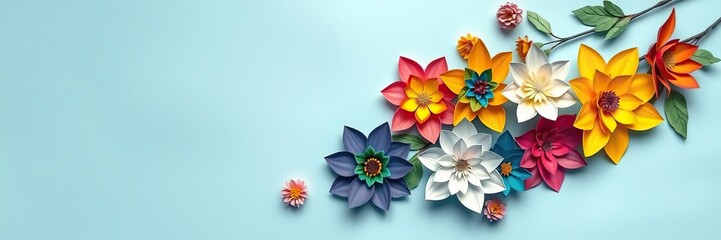 A cluster of colourful paper blooms on a serene light blue canvas with plenty of room for interpretation, negative space, art paper