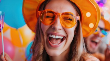 Vibrant close-up of a laughing woman wearing orange sunglasses and hat, surrounded by colorful decorations at a festive celebration.