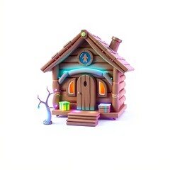Whimsical Cozy Cabin Holographic Icon with Enchanted Glowing Runes for Digital Art and Illustrations