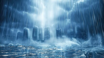 Skyscrapers surrounded by heavy rain and mist, with stormy clouds in the sky. The scene captures the powerful force of nature against towering urban structures, embodying resilience and mystery.