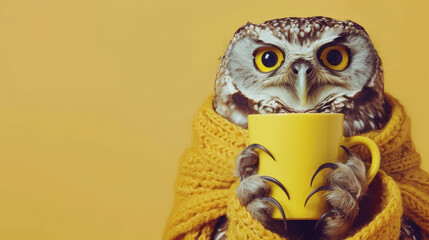 Fototapeta premium cute owl wearing scarf on yellow background